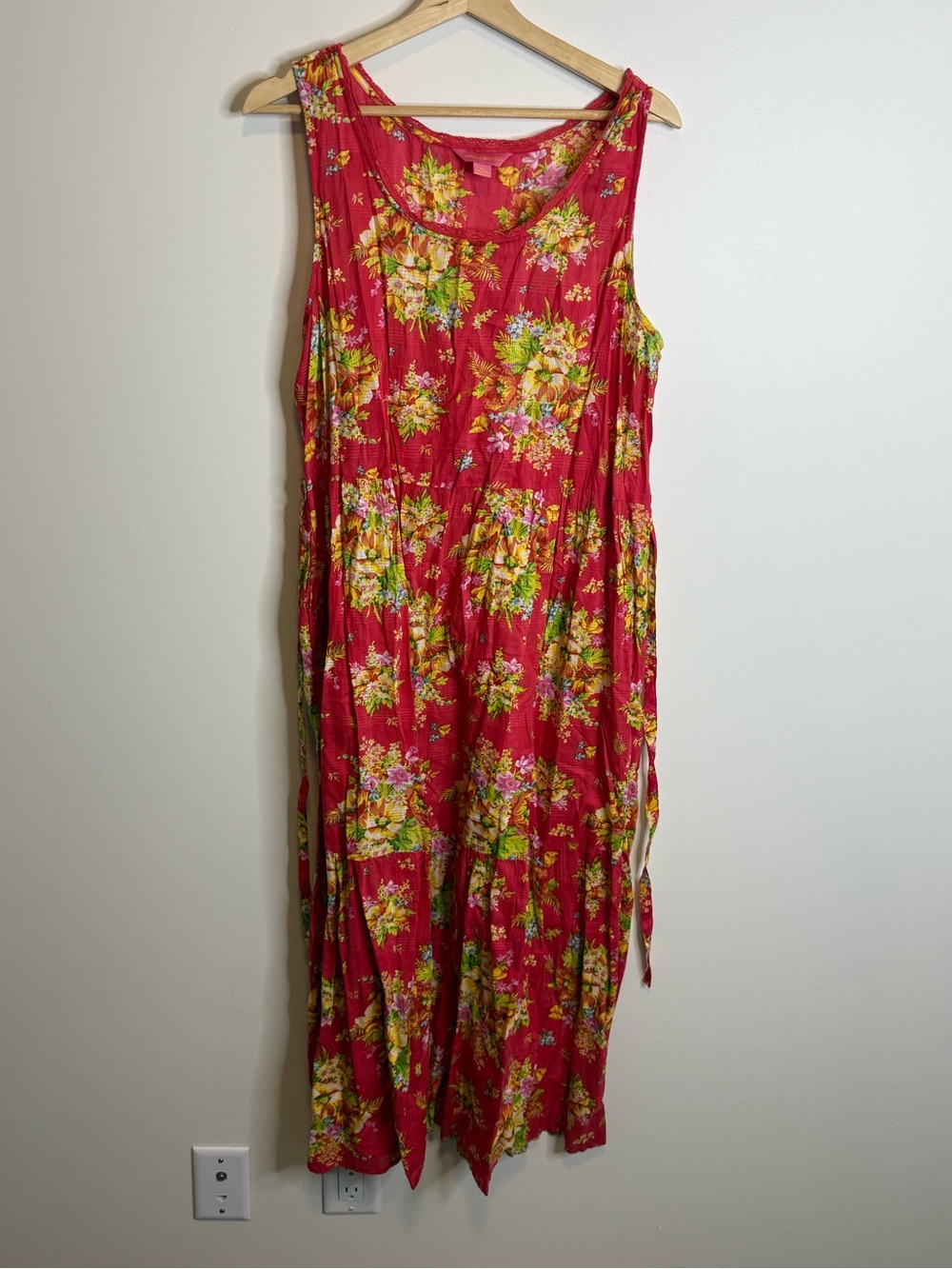 April Cornell Red Floral Sleeveless Midi Dress Yellow & Green Blooms size XL